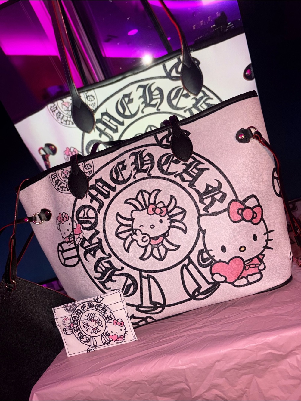 Chrome Hearts x Hello Kitty Pink and Black Graphic Tote and wallet